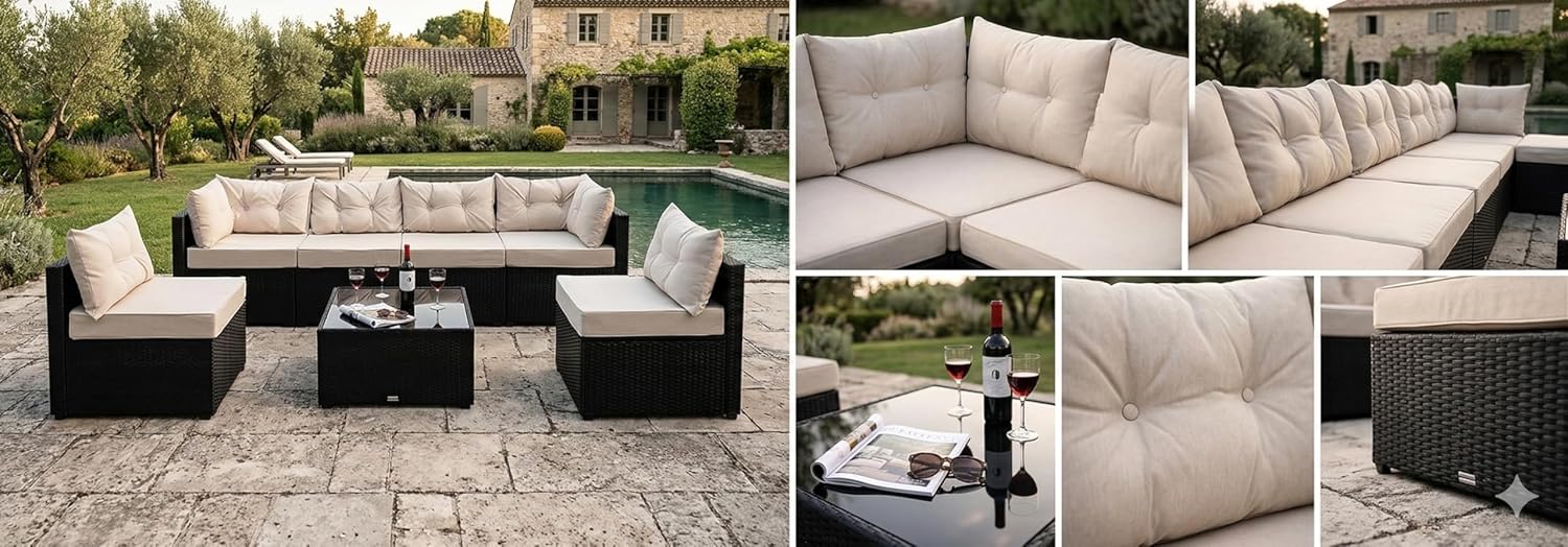 jardinite - NACULA - Salon de jardin 5 places, résine tressée, coussins beige, table basse verre, extérieur
