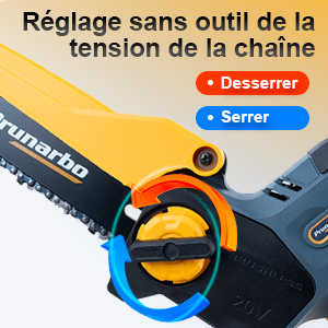 Gros plan d'un mécanisme de réglage de la tension d'une chaîne de tronçonneuse avec des marqueurs bleus et rouges indiquant les réglages « Serrer » et « Desserrer », avec un composant Ryonarbo jaune et noir