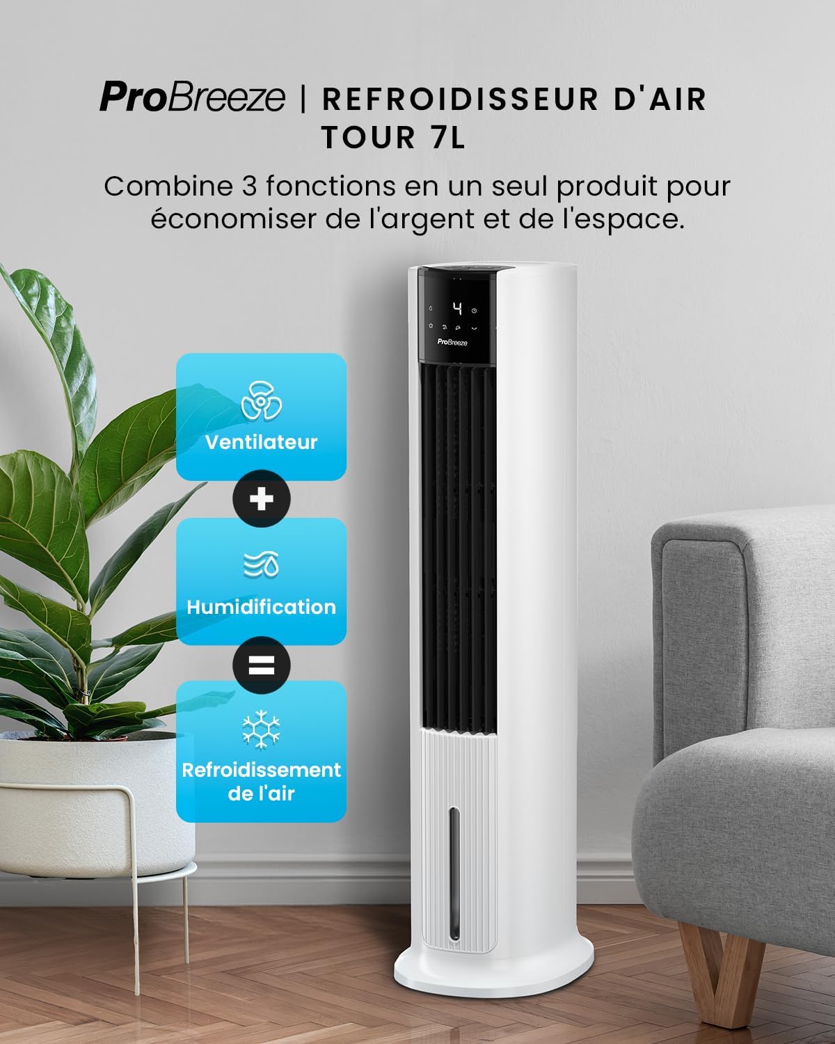 jardinite OmniAir Rafraichisseur d’Air 7L 3en1, 7 Vitesses, 3 Modes, Oscillant, Minuterie 10h, Climatiseur Mobile Sans Évacuation, Silencieux, Sans Conduit, Ventilateur Refroidisseur d'Air