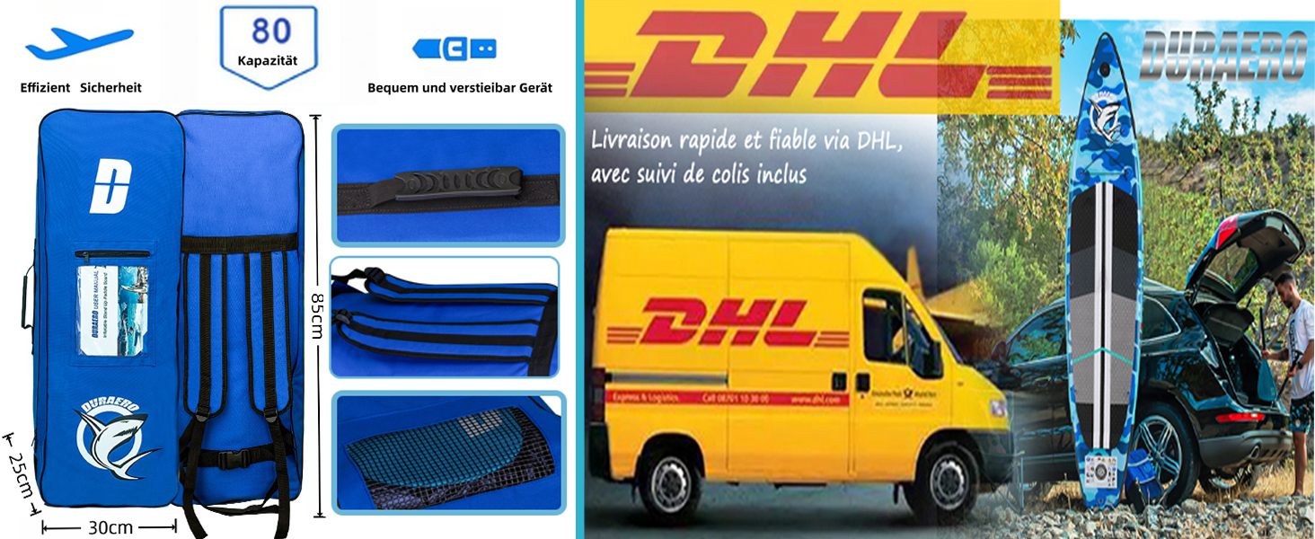 Le texte inclut « DHL » sur le fourgon de livraison jaune. Collection d'images du service de livraison montrant diverses opérations d'expédition et des véhicules dans différents environnements.