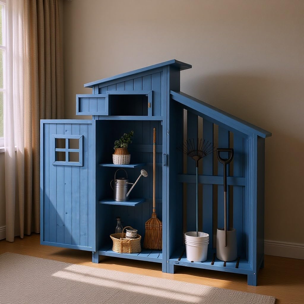 Petite armoire de jardin en bois massif 124 x 46 x 174 cm – Abri à outils résistant aux intempéries pour balcon et terrasse avec 2 étagères et toit en PVC – Abri de jardin compact pour petits jardins