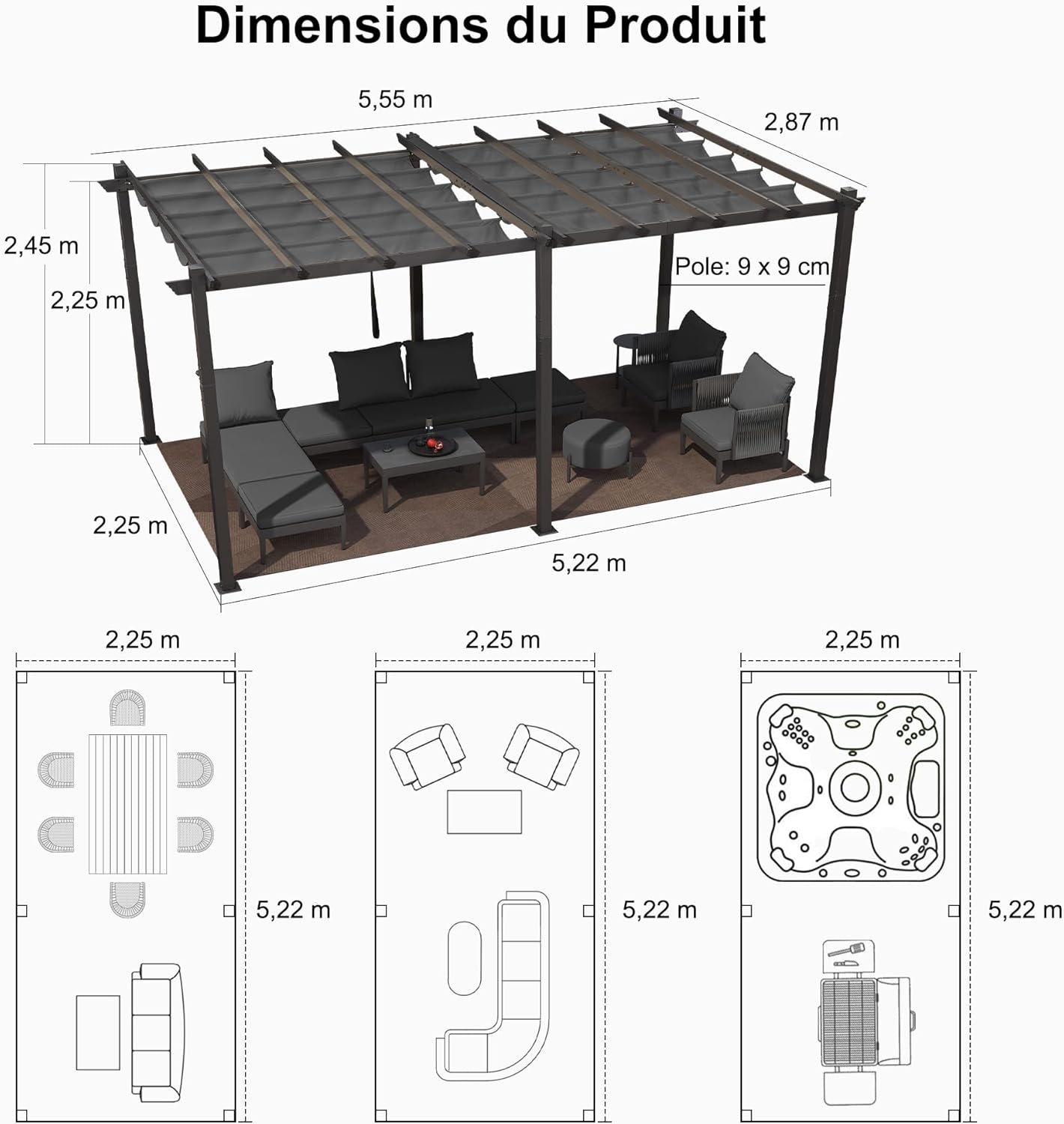jardinite - pergola aluminium - 5,5x3 m - toit coulissant, tissu teint