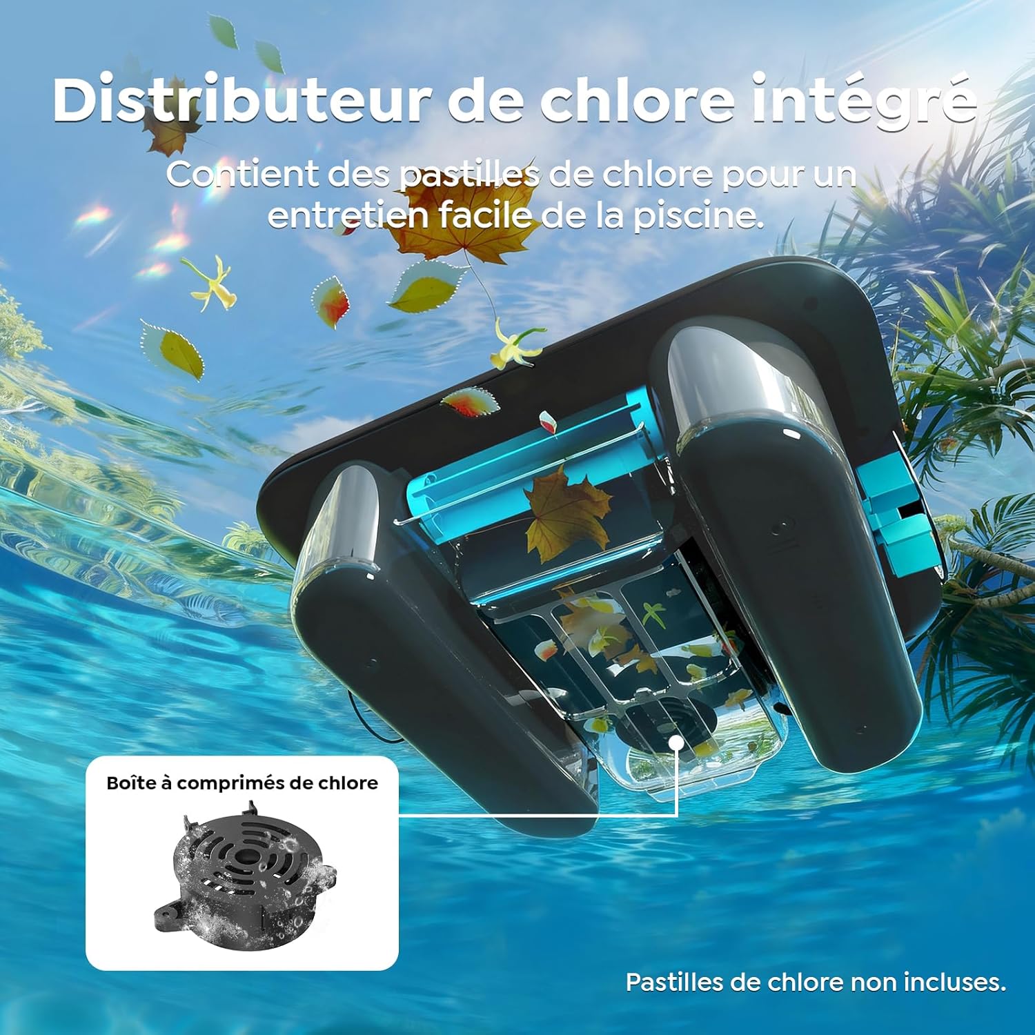 Robot skimmer piscine solaire sans fil, contrôle app, double recharge, SK02