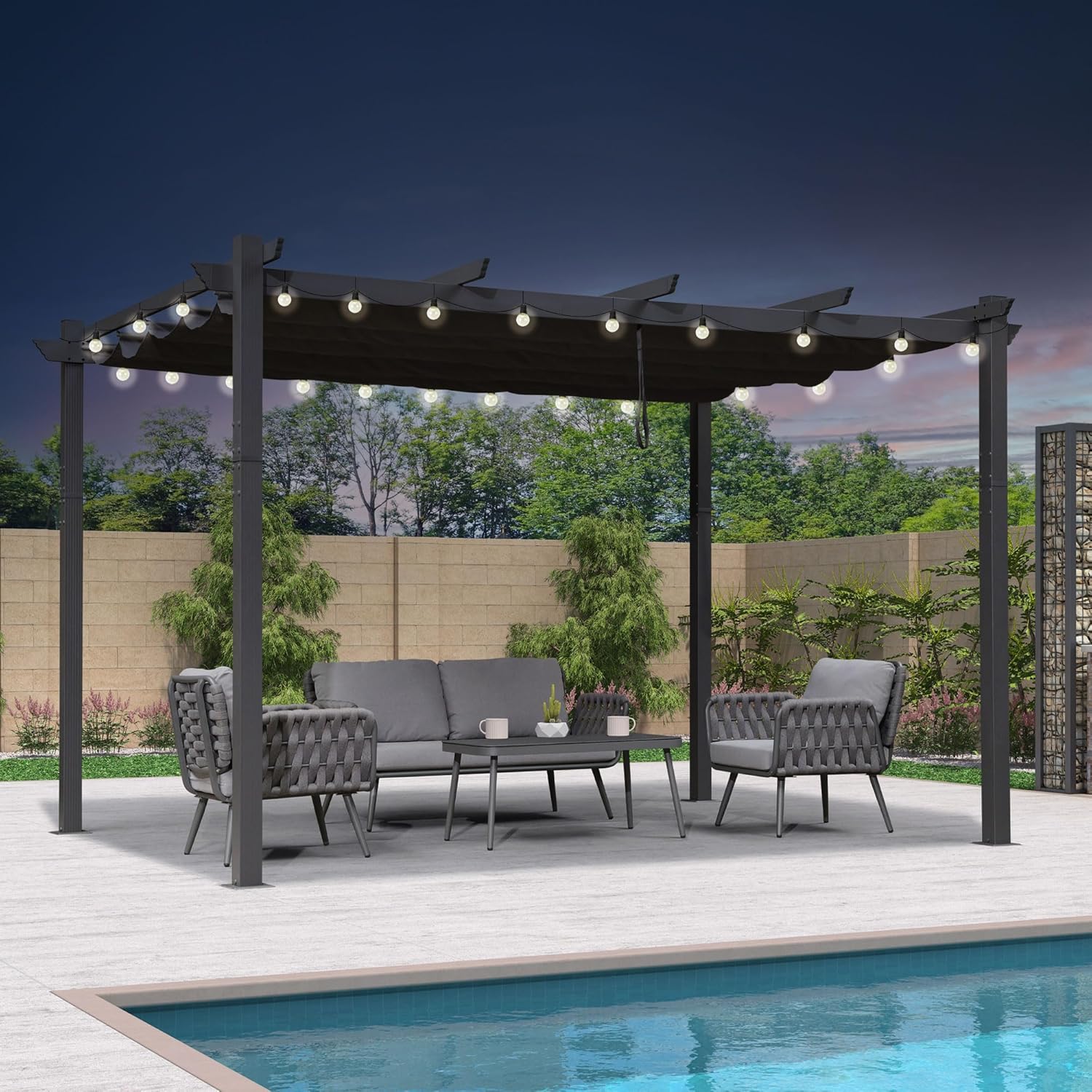 jardinite - Pergola aluminium - 4x3,2m - LED, toit rétractable, toile teintée