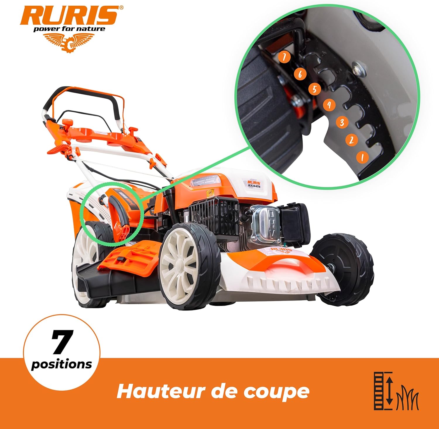 RURIS Tondeuse à Gazon Thermique RX441S 5,7 CV – Largeur 51 cm, Démarrage Électrique, Autopropulsée à Vitesse Variable, 5 Fonctions, 2000 m², Bac 65L, Orange