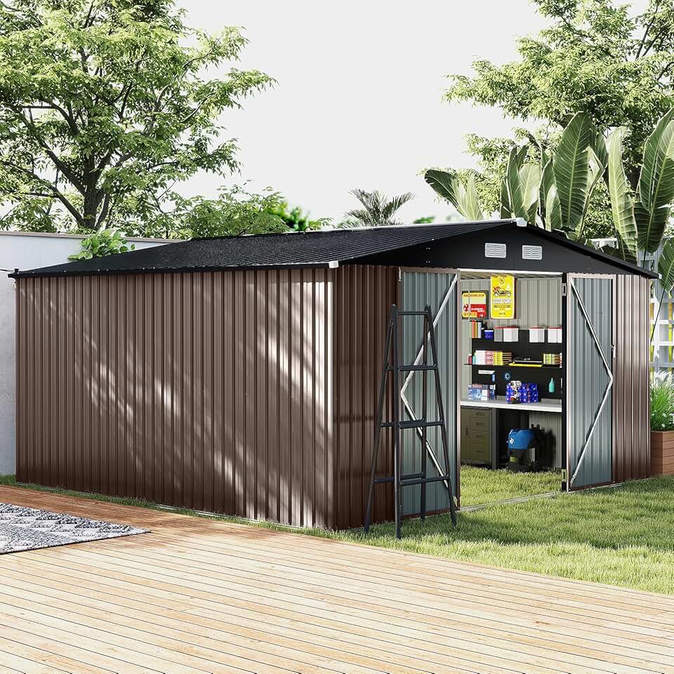 jardinite - abri de jardin métal, 12m², toit double pente, double porte, 4 aérations