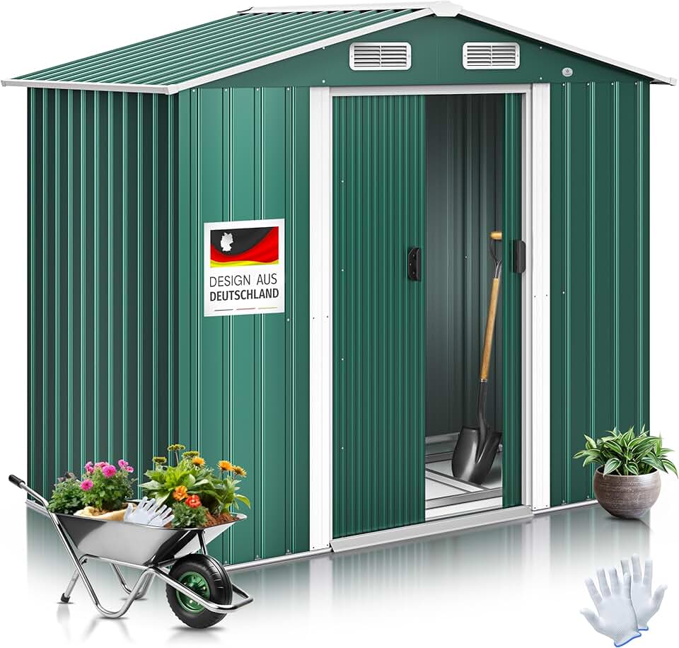 jardinite® Abri de Jardin XL en métal de 4,2 m³ avec Fondation, Gants de Travail, 182 x 118 x 186 cm, 2 Portes coulissantes, Abri à Outils, Armoire, Toit à Pente de Jardin Vert