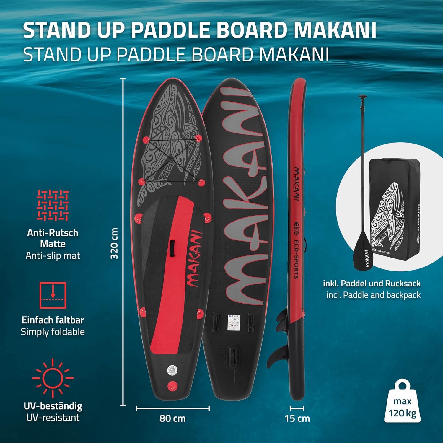 jardinite - Stand Up Paddle Board - 305/308/320/380 cm - PVC, 120/150 kg, 10/15 cm d'épaisseur