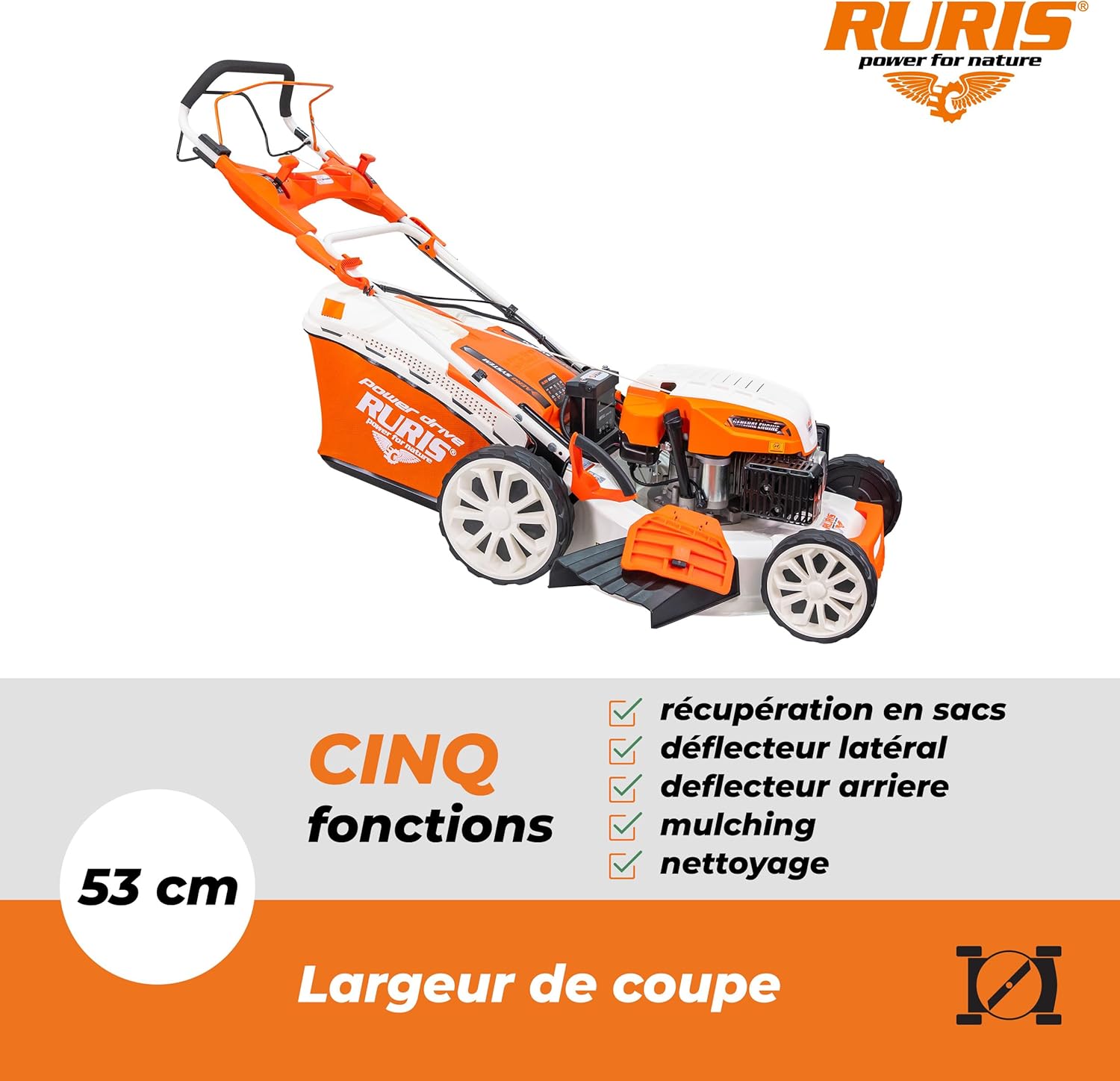jardinite Tondeuse à Gazon Thermique 5 en 1 Mulching 5,7 CV 196cc RX500S, Orange