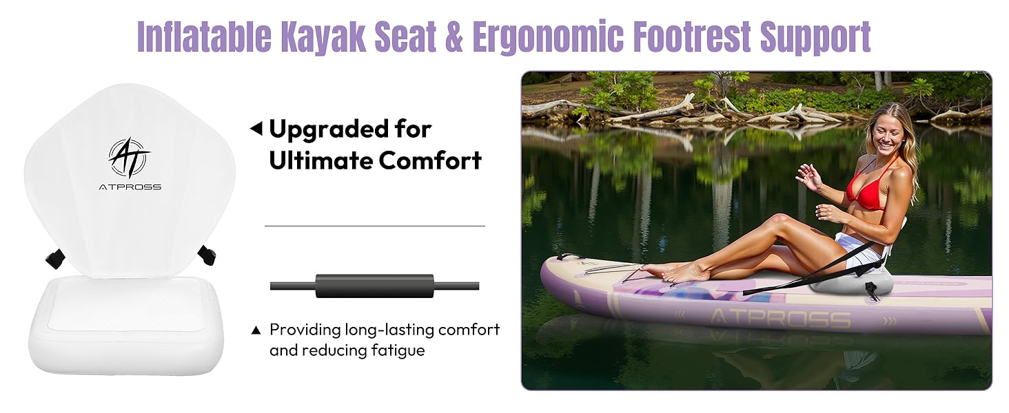 avec repose-pieds ergonomique. Siège rembourré blanc avec dossier. L'image montre une personne assise sur un paddleboard dans un environnement lacustre