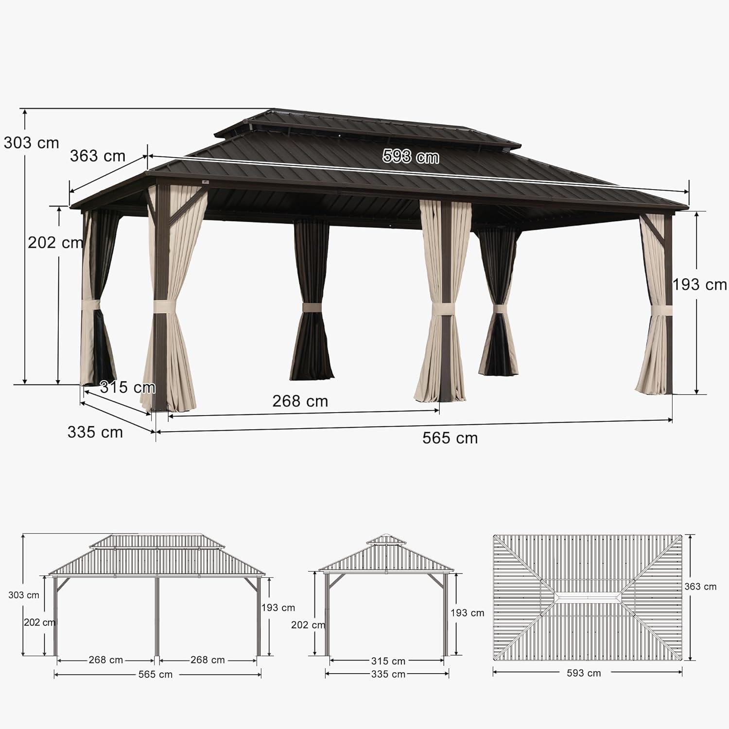 jardinite - pergola double toit rigide 6x3,65m, aluminium, guirlande, rideaux