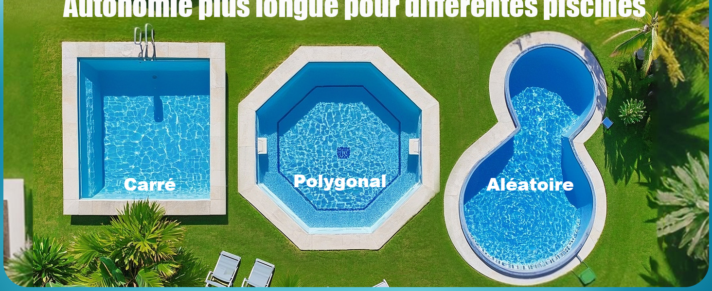 Vue aérienne de trois modèles de piscines : des formes carrées, octogonales et incurvées en forme de huit, entourées d'