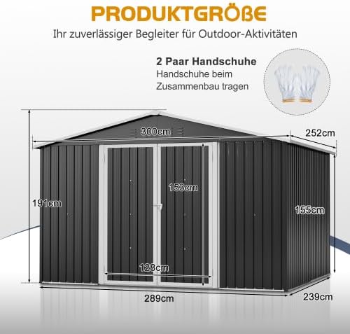 Abri de jardin en métal 300 x 252 cm – Noir – Grand abri de jardin résistant aux intempéries avec toit à pignon, pour vélos et outils, abri de jardin XXXL