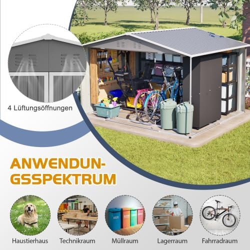 Abri de jardin en métal 300 x 252 cm – Gris – Grand abri de jardin résistant aux intempéries avec toit à pignon, pour vélos et outils, abri de jardin XXXL