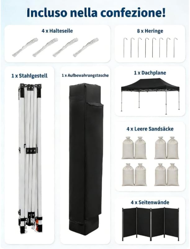 Gravee Tonnelle Pliante 3x3m Gris avec Parois Latérales, Imperméable et Anti-UV, Tente Pop-Up Robuste avec Sac de Transport pour Jardin (Noir, 3x3m)