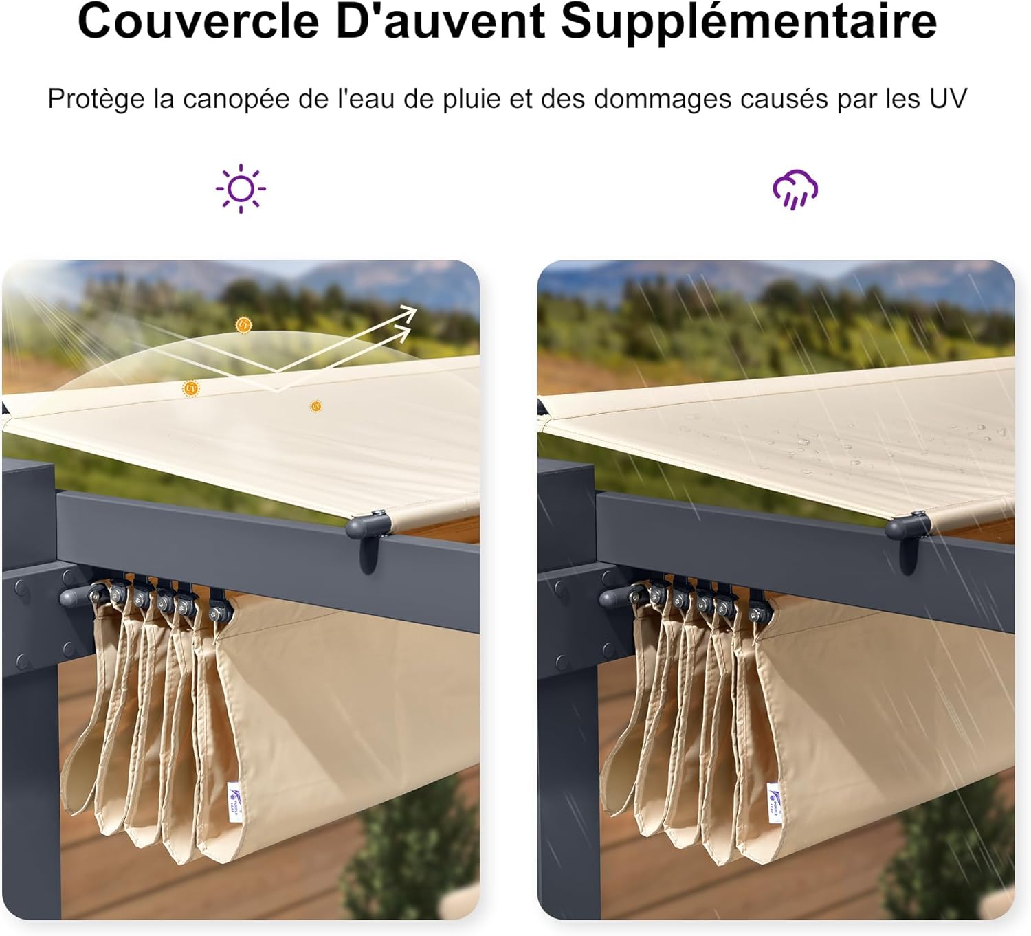 jardinite - pergola aluminium - 4x3m - rideau, toit rétractable, kaki