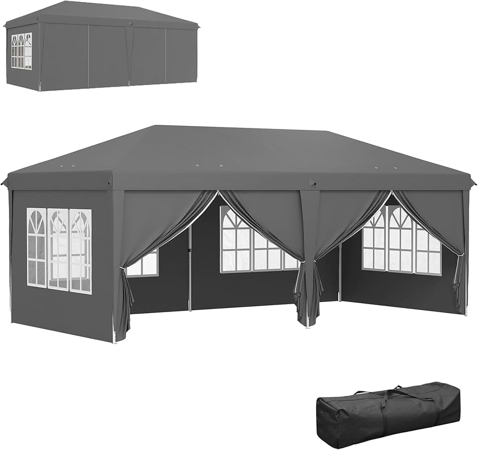 jardinite - Tonnelle pliable 3x6m acier renforcé, côtés amovibles, gris