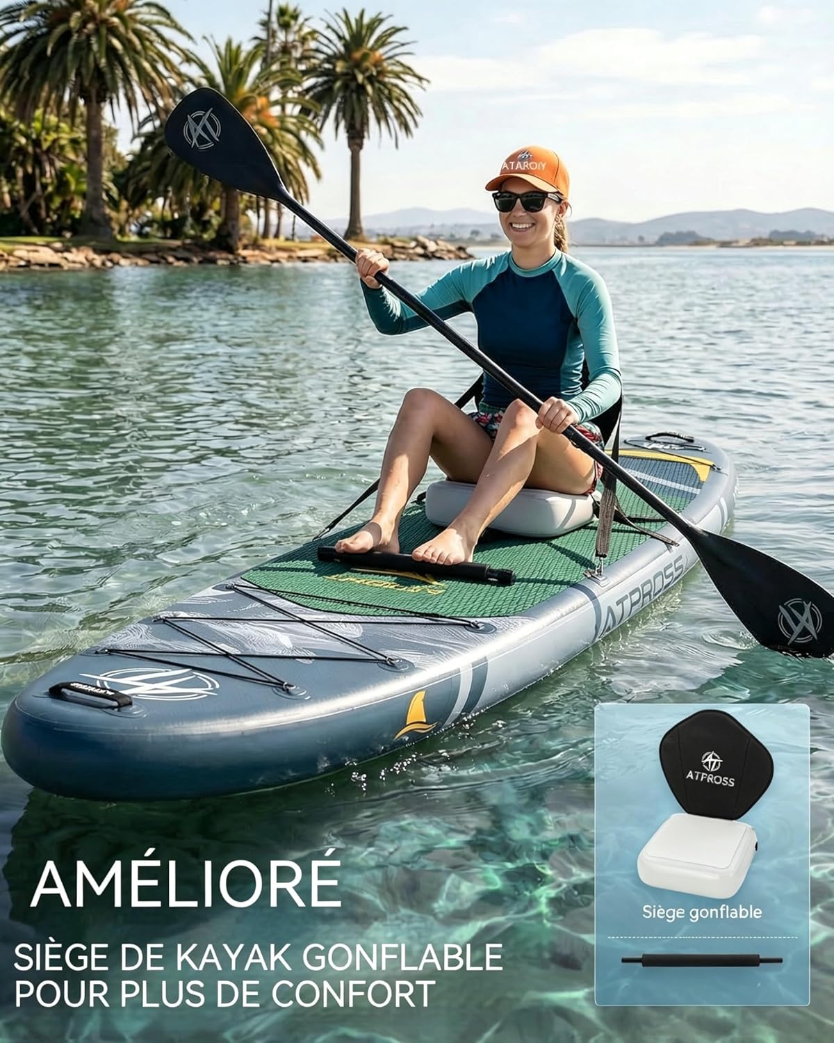 Planche de Paddle Gonflable Adulte avec Siège Kayak & Accessoires, 366x92cm Sup Extra Large & Stable, Charge 240kg, Kayak Gonflable 2 Places pour Yoga, Pêche et Surf