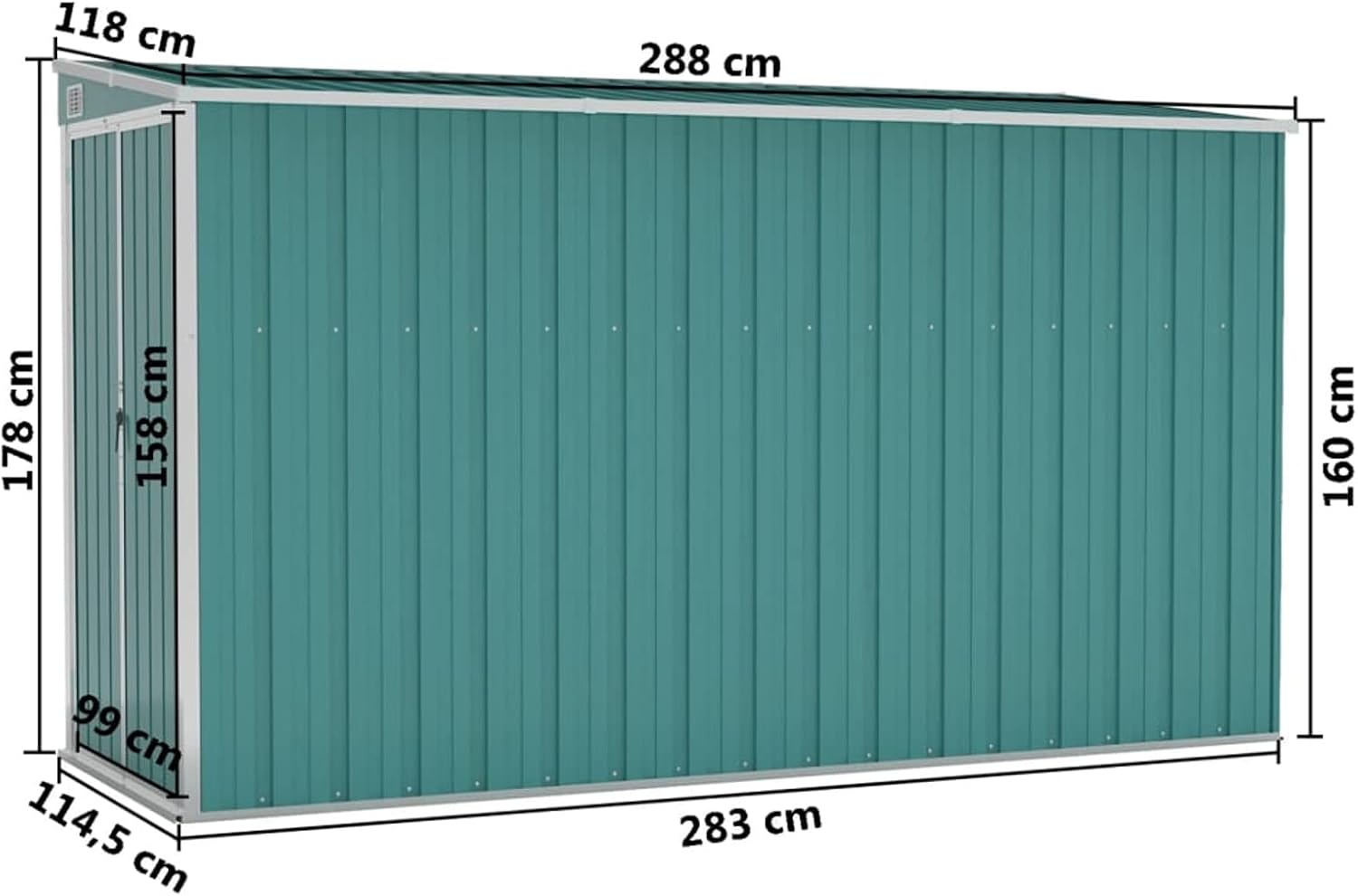 Abri de jardin mural en acier galvanisé vert 118 x 288 x 178 cm
