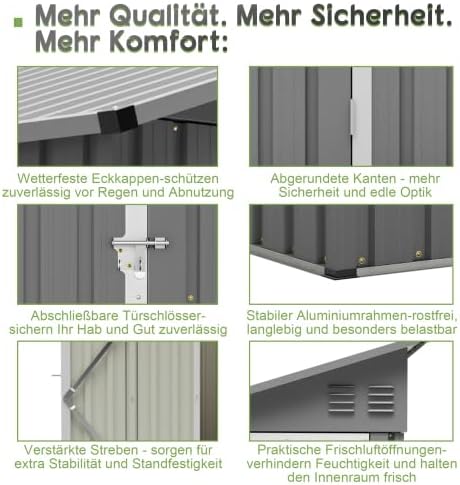 Abri de jardin en métal de 10,2 x 20,3 cm avec toit incliné, porte verrouillable et 2 ouvertures d'aération – Abri à outils peu encombrant pour arrière-cour et terrasse, rangement des outils, gris