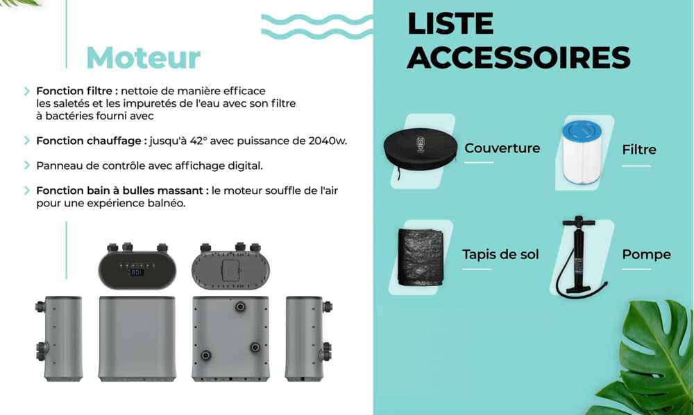 jardinite Bali Spa Gonflable - 150 cm de diamètre - 800 litres - Moteur 2240 W - 2 à 4 Personnes - Massage 140 Jets