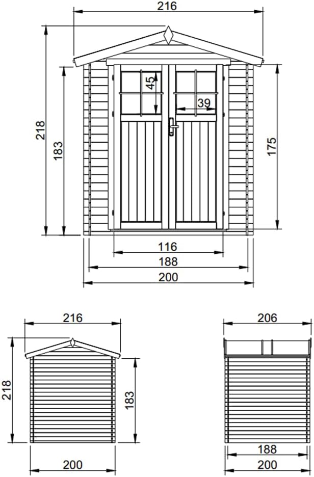 Abri de Jardin en Bois avec Sol TRAITÉ Porte verrouillable de Haute qualité - Stockage extérieur I216xL206xH218 cm/ 3.53 m2 - Toit imperméable, fenêtres jardinite M343F+M343G