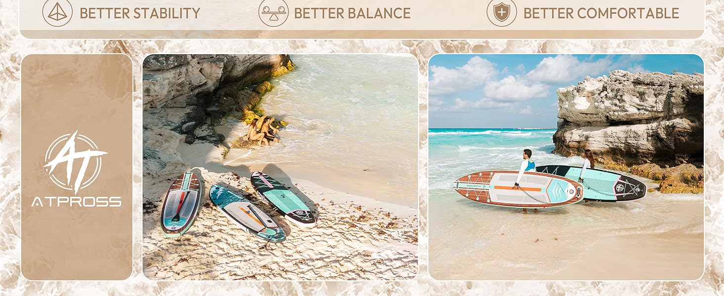 Image composite de planches de surf sur la plage et de bateaux près des falaises côtières. Le texte met en évidence « Meilleure stabilité », « Meilleur équilibre » et « Meilleur confort », ce qui suggère les caractéristiques des équipements