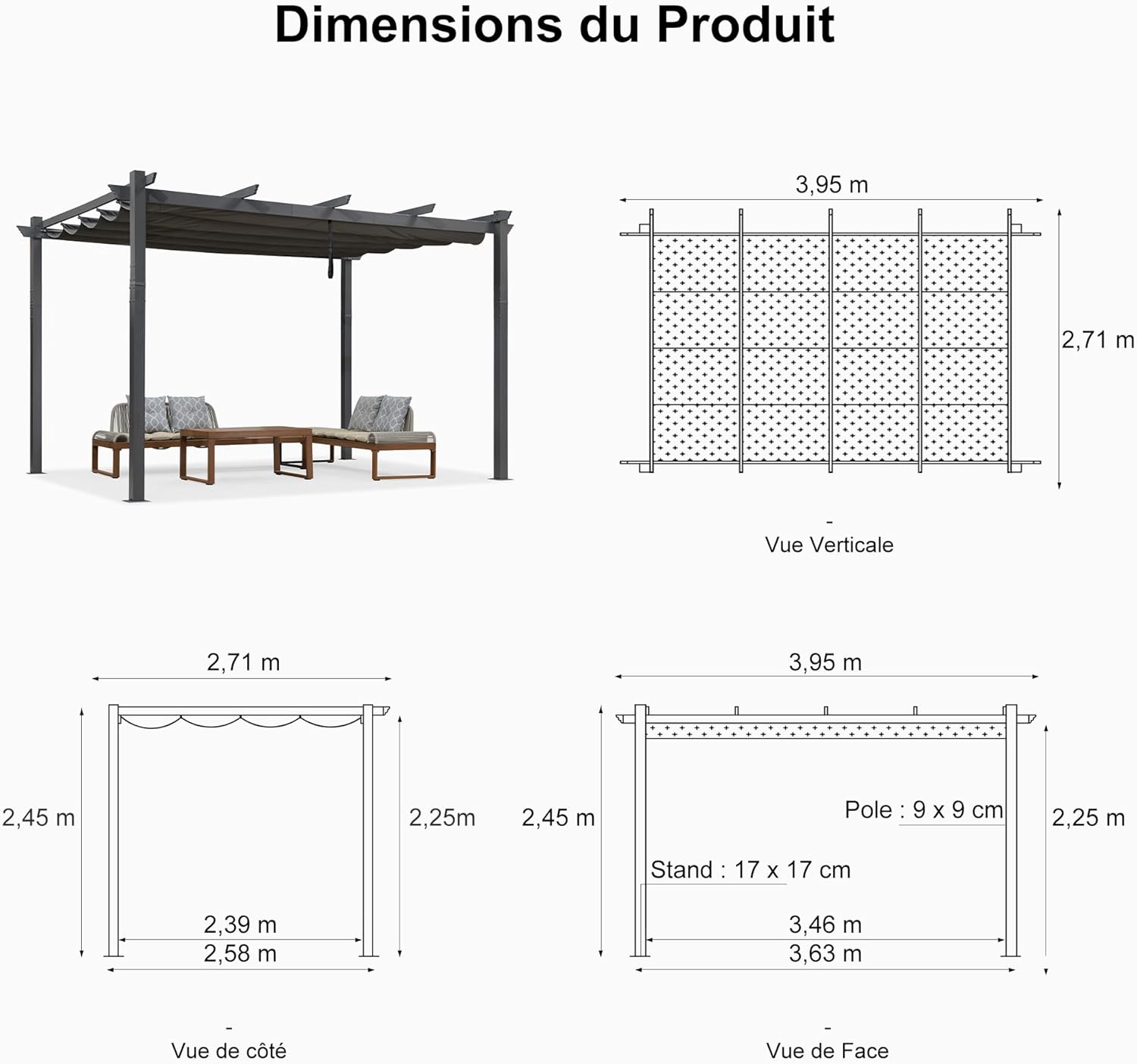 jardinite - Pergola murale série aluminium 4x2,7m toit coulissant, tissu teint, gris