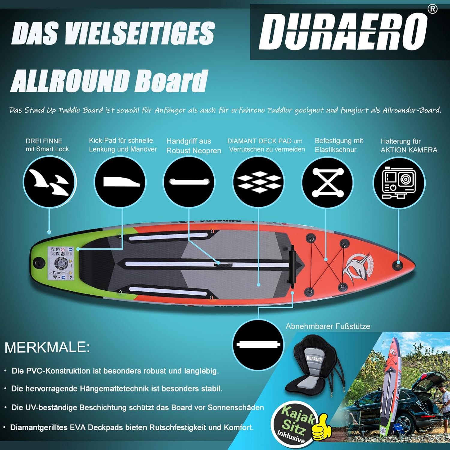 Stand up Paddle Gonflable Planches gonflables, siège Kayak,330 x 76 x 15 cm, jusqu'à 150 kg, Support GO-Pro,Pad intégré, 3 Ailes, Double pagaie réglable, Accessoires complets (Rouge)
