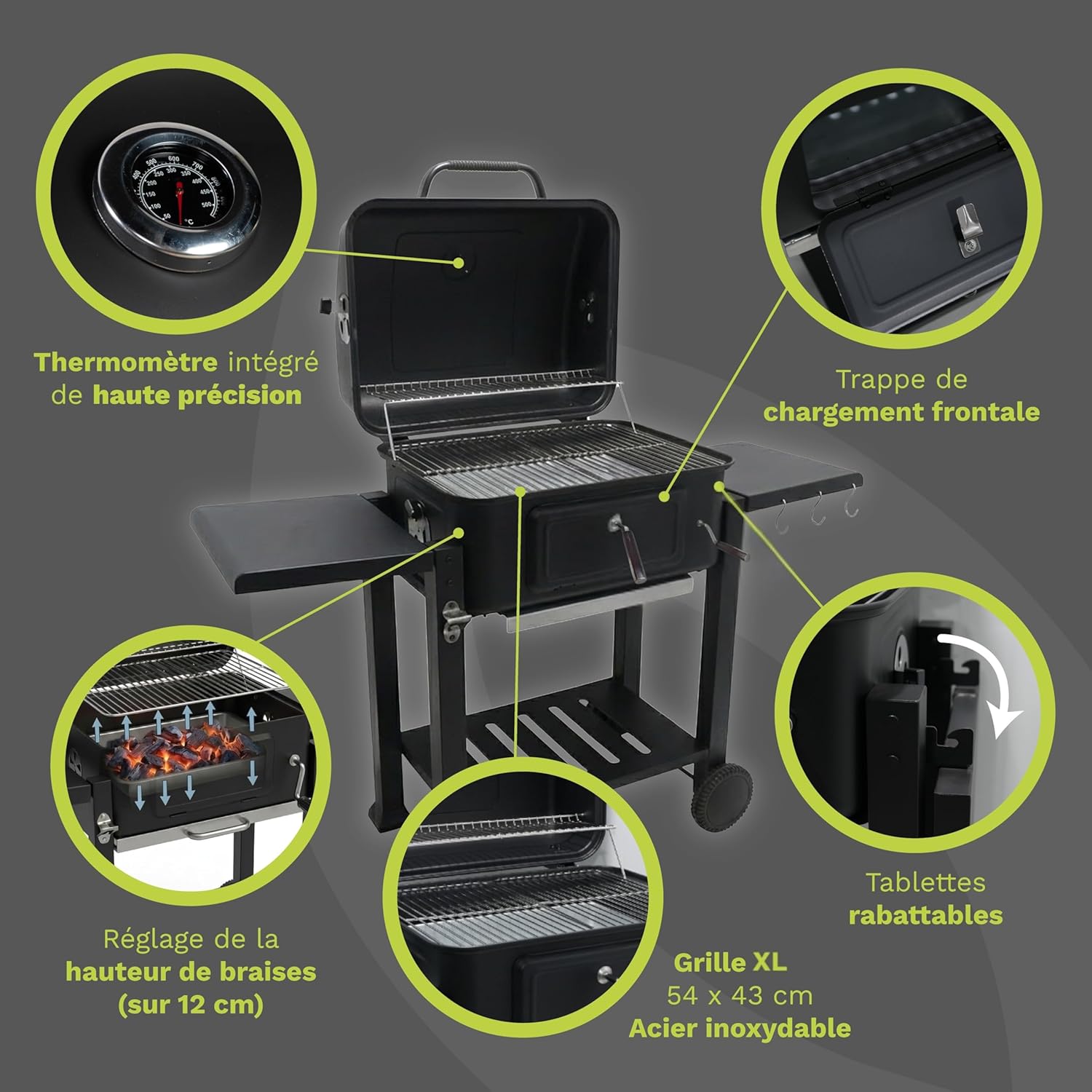 Barbecue charbon avec couvercle - grille XL 54x43cm - tablettes pliantes - récupérateur cendres