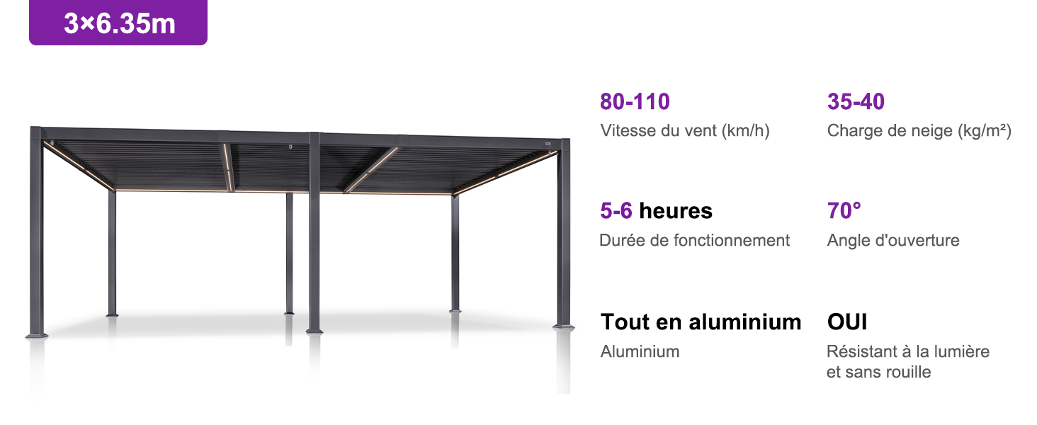 Schéma d'une table d'extérieur en aluminium avec spécifications : taille 3 x 6,35 m, plage de hauteur de 80 à 110 cm, inclinaison de 35 à 40 degrés, temps de configuration de 5 à 6 heures
