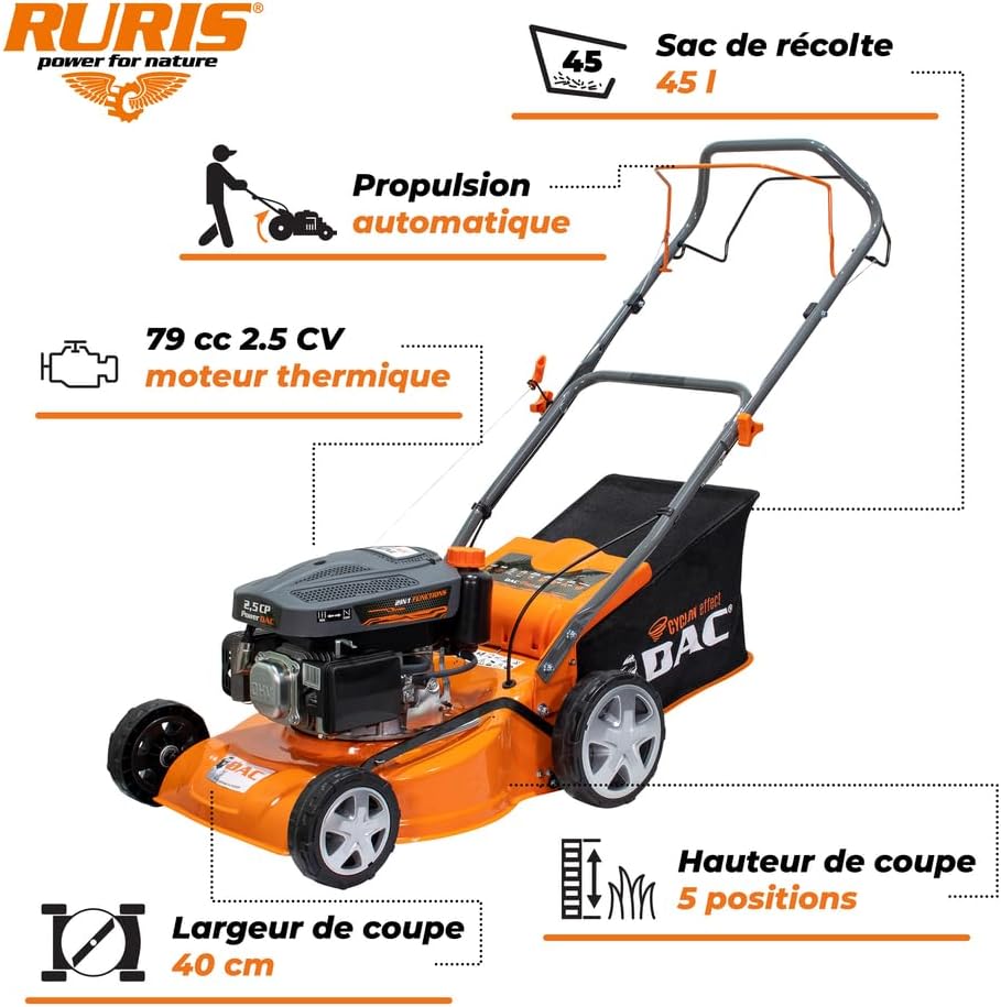 RURIS - tondeuse thermique série DAC - 400mm, 45L, 2,5CV, autopropulsée - DAC110XL