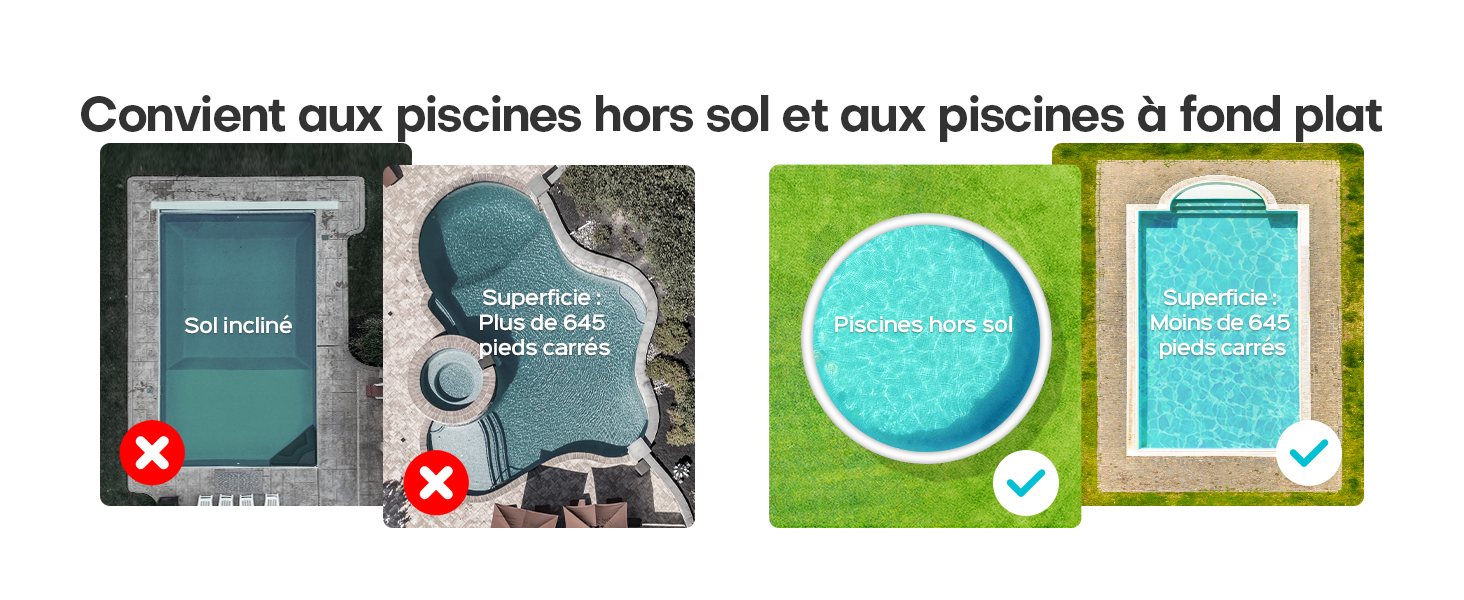 Image de comparaison en français montrant les types de piscines acceptables et inacceptables, avec des croix pour les options incorrectes et des cases cochées pour les options approuvées.