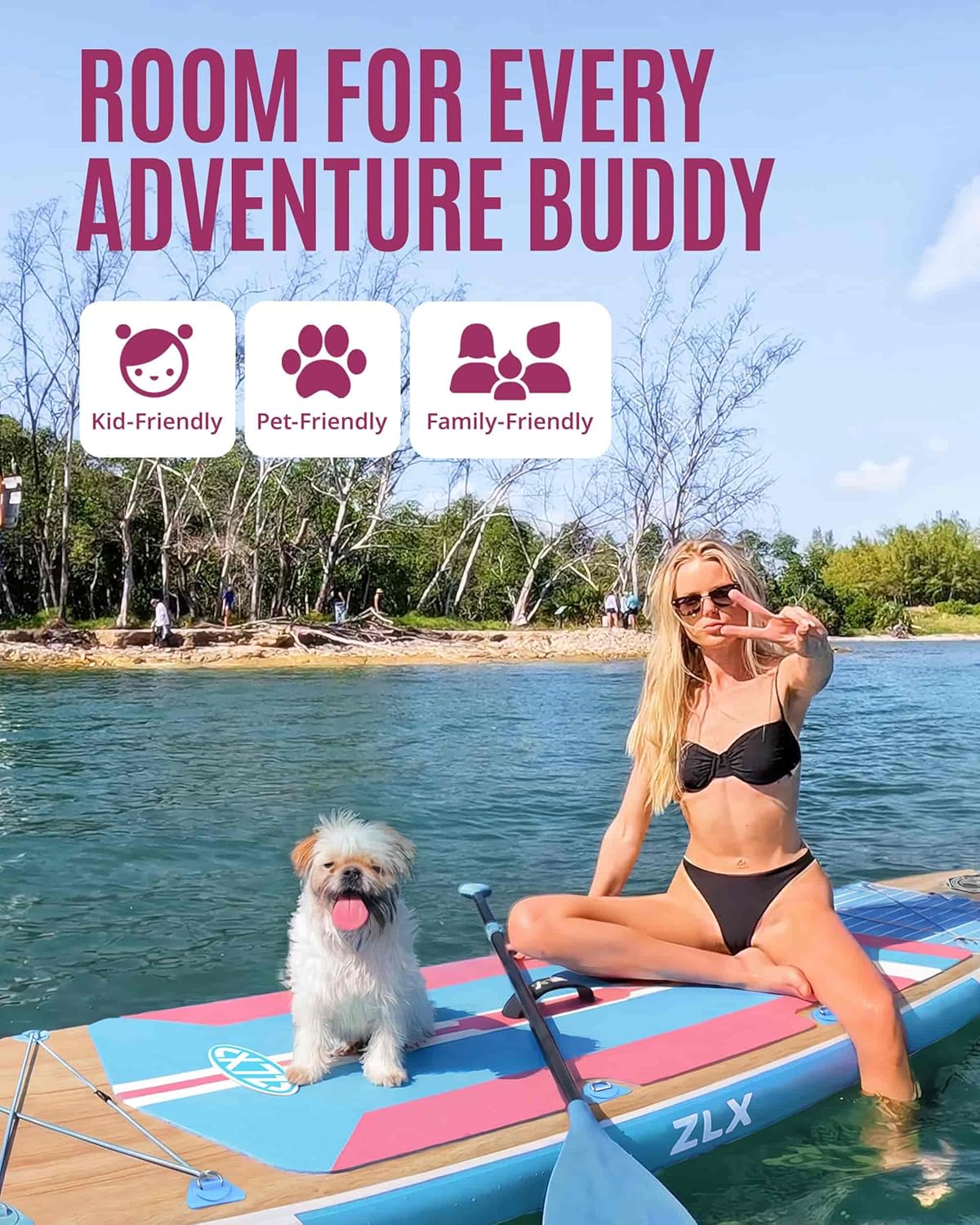 ZLX Paddle Gonflable 350 x 89 cm Extra Large Sup | Planche Stable Antidérapante, Aileron Amélioré, Accessoires Premium, Sac & Pompe Haute Pression, pour Adultes Tous Niveaux avec Siège Gonflable