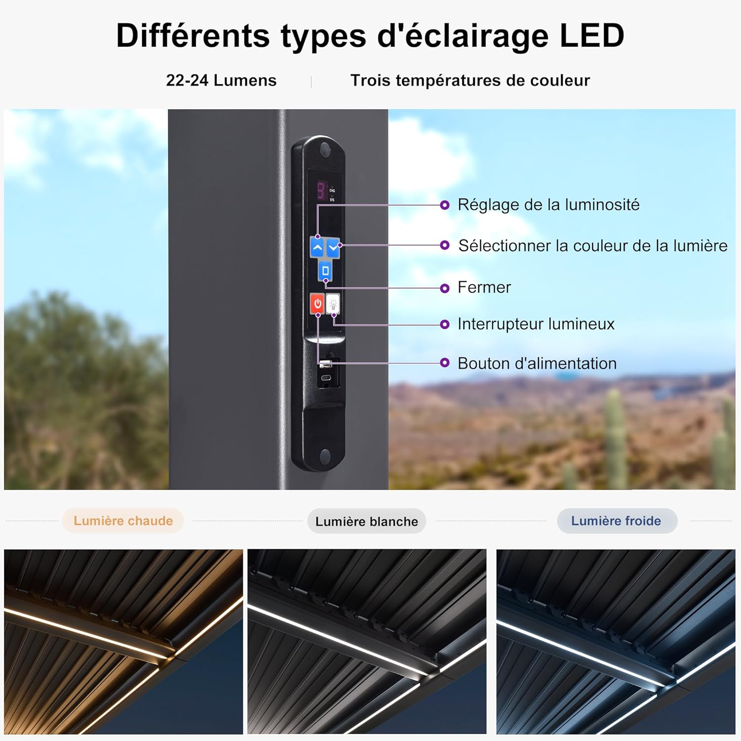jardinite - Pergola bioclimatique - 4x6m - alu lames LED gris