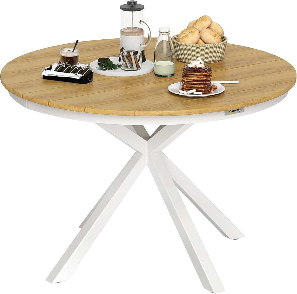 jardinite - table ronde de jardin ø118 cm - aluminium, effet bois, pieds réglables