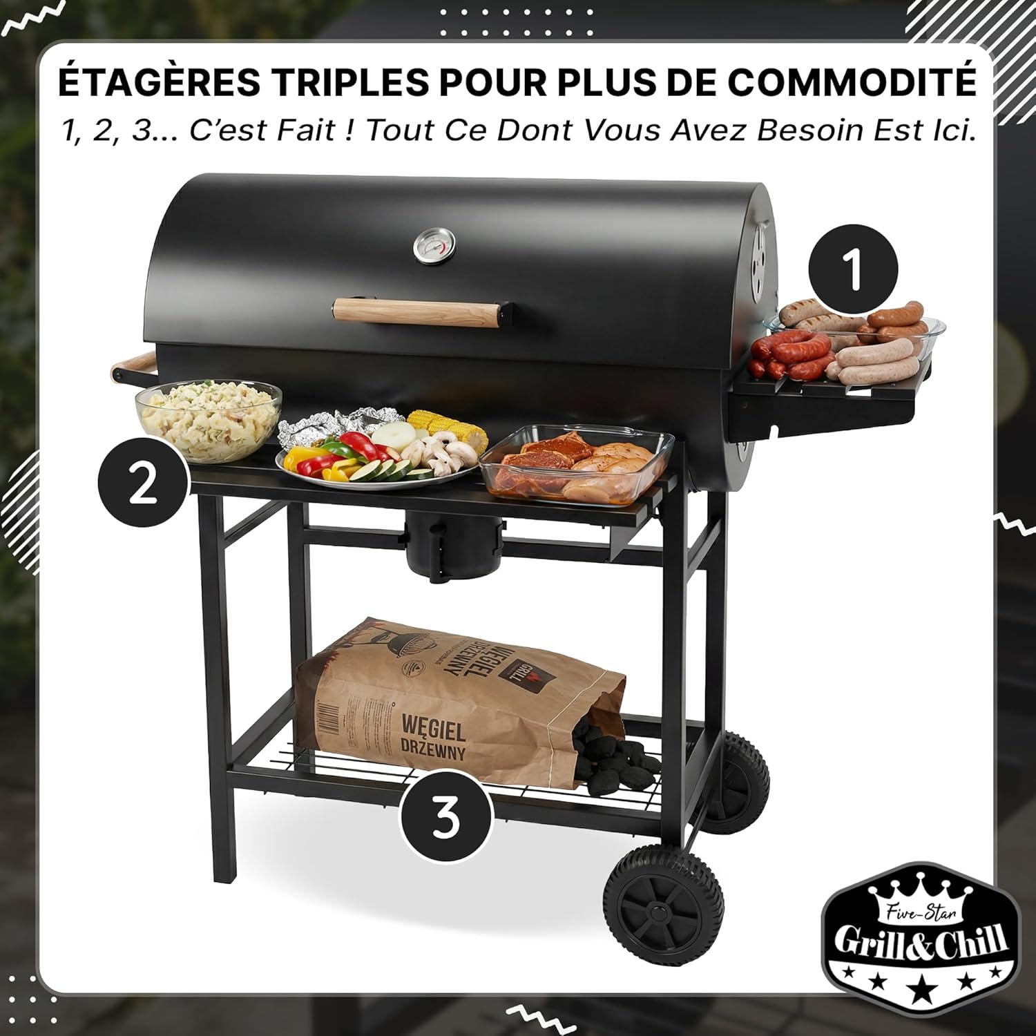 Five-Star – Grill & Chill série – 71×35 cm – barbecue charbon couvercle, thermomètre, cendrier, roues – GC0002