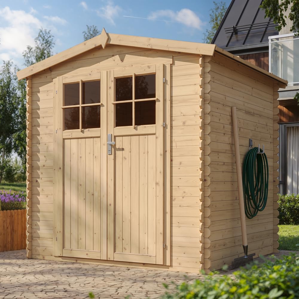 Abri de Jardin en Bois avec Sol TRAITÉ Porte verrouillable de Haute qualité - Stockage extérieur I216xL206xH218 cm/ 3.53 m2 - Toit imperméable, fenêtres jardinite M343F+M343G