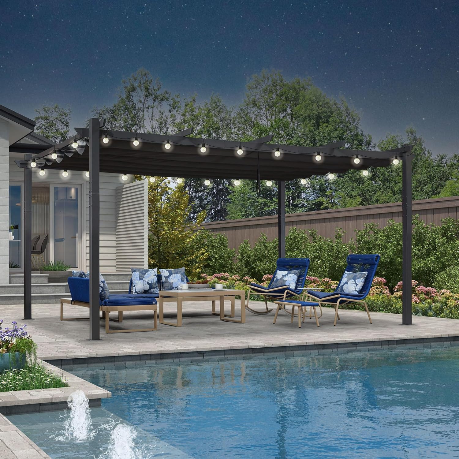 jardinite - pergola aluminium - 4,8x3,5m - LED, toit rétractable, tissu mass teinté, structure résistante