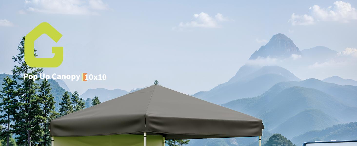 Scène extérieure avec des montagnes en arrière-plan et une vue partielle de la canopée beige/beige ou de la structure de tente au premier plan, suggérant un camping ou une installation de détente en plein air.