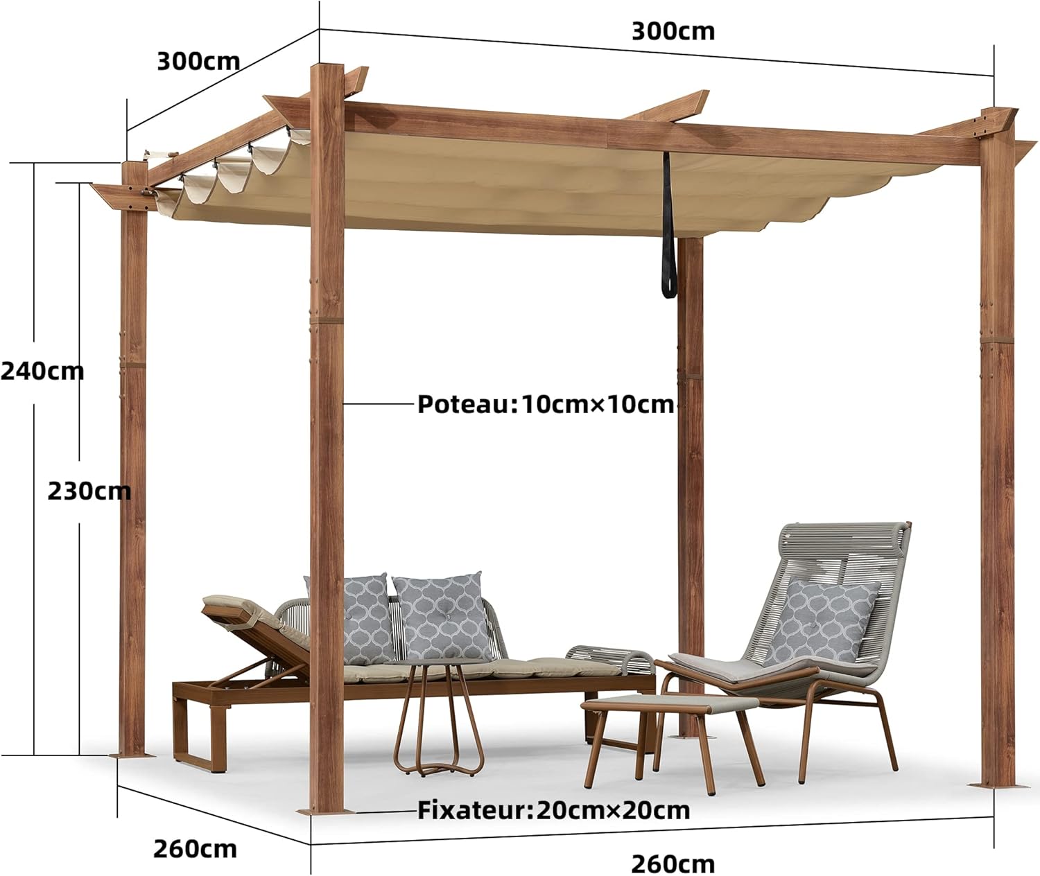 jardinite - Pergola 3x3m - aluminium, éclairage, toit rétractable