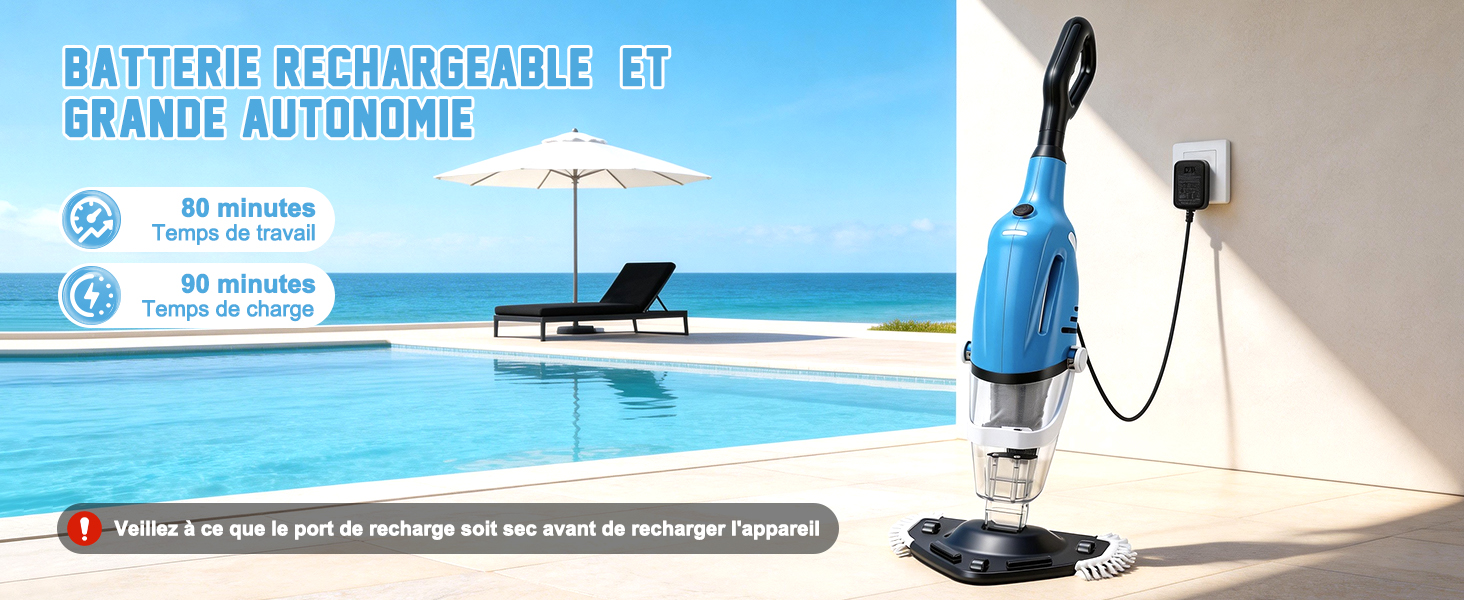 Le texte indique « BATTERIE RECHARGEABLE ET GRANDE AUTONOMIE ». Appareil de nettoyage portable bleu avec indicateur de charge de la batterie affiché en mode plage extérieure, démontrant la capacité d'autonomie prolongée de la batterie pour une utilisation portable.