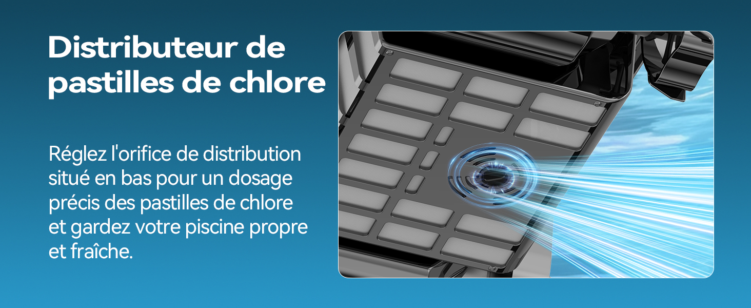 Le texte indique « Distributeur de pastilles de chlore » et « Réglez l'orifice de distribution Blue en bas pour un dosage précis et gardez votre piscine propre et fraîche ». Gros plan du mécanisme du distributeur de pastilles de chlore pour piscine avec cadran bleu de réglage sur boîtier transparent.