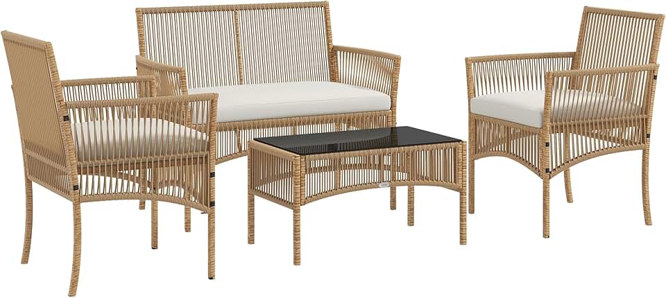 jardinite - Salon de jardin 4p - métal/résine, coussins beige, table verre