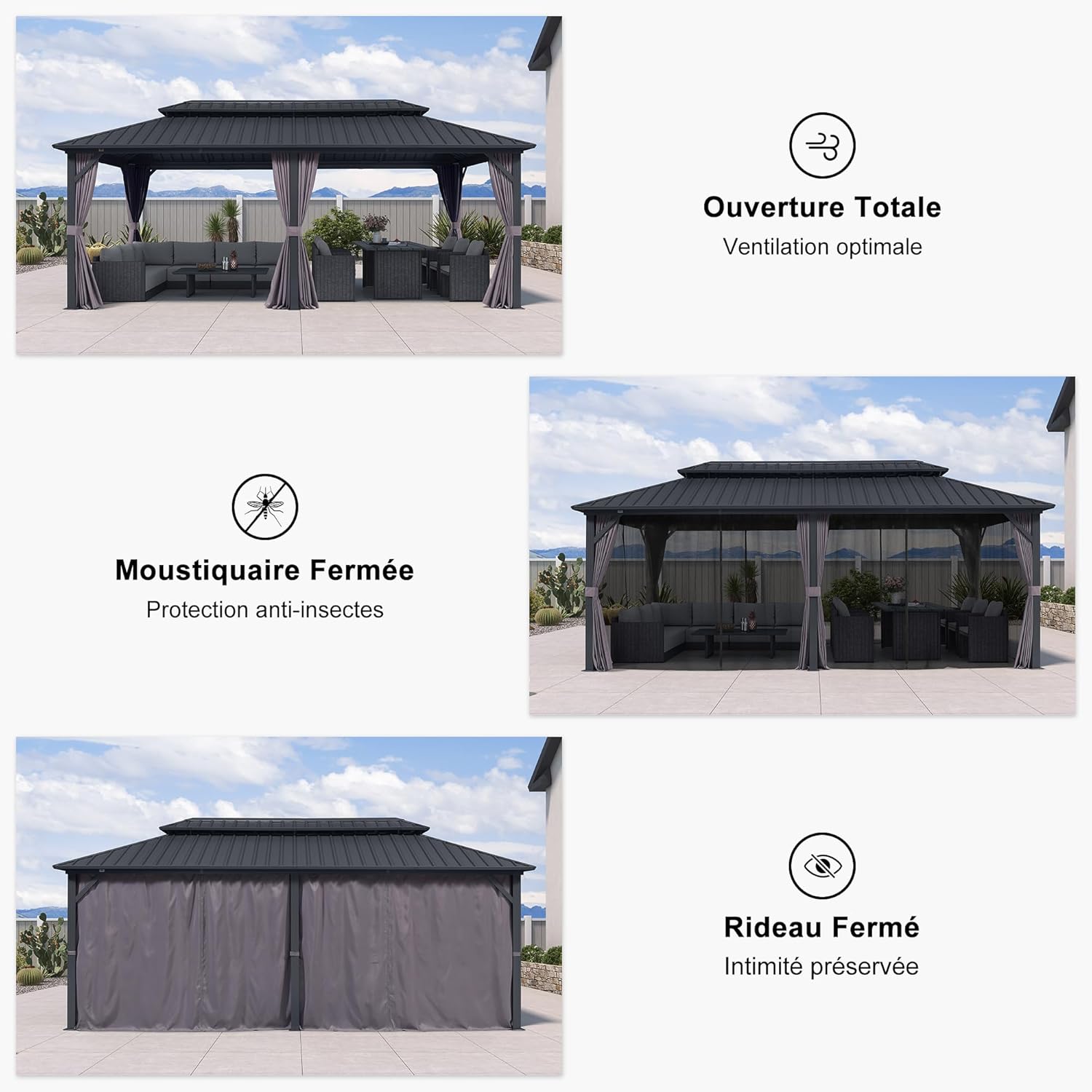 jardinite - pergola double toit 6x3m, alu & acier, rideaux & moustiquaire