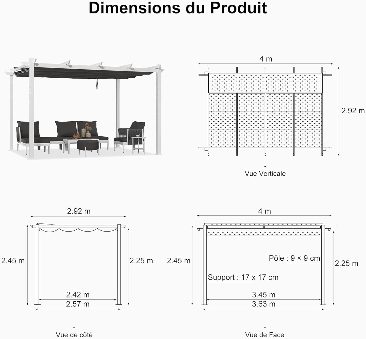 jardinite - pergola aluminium série - 4x3m - toit métal blanc, toile rétractable, étanche