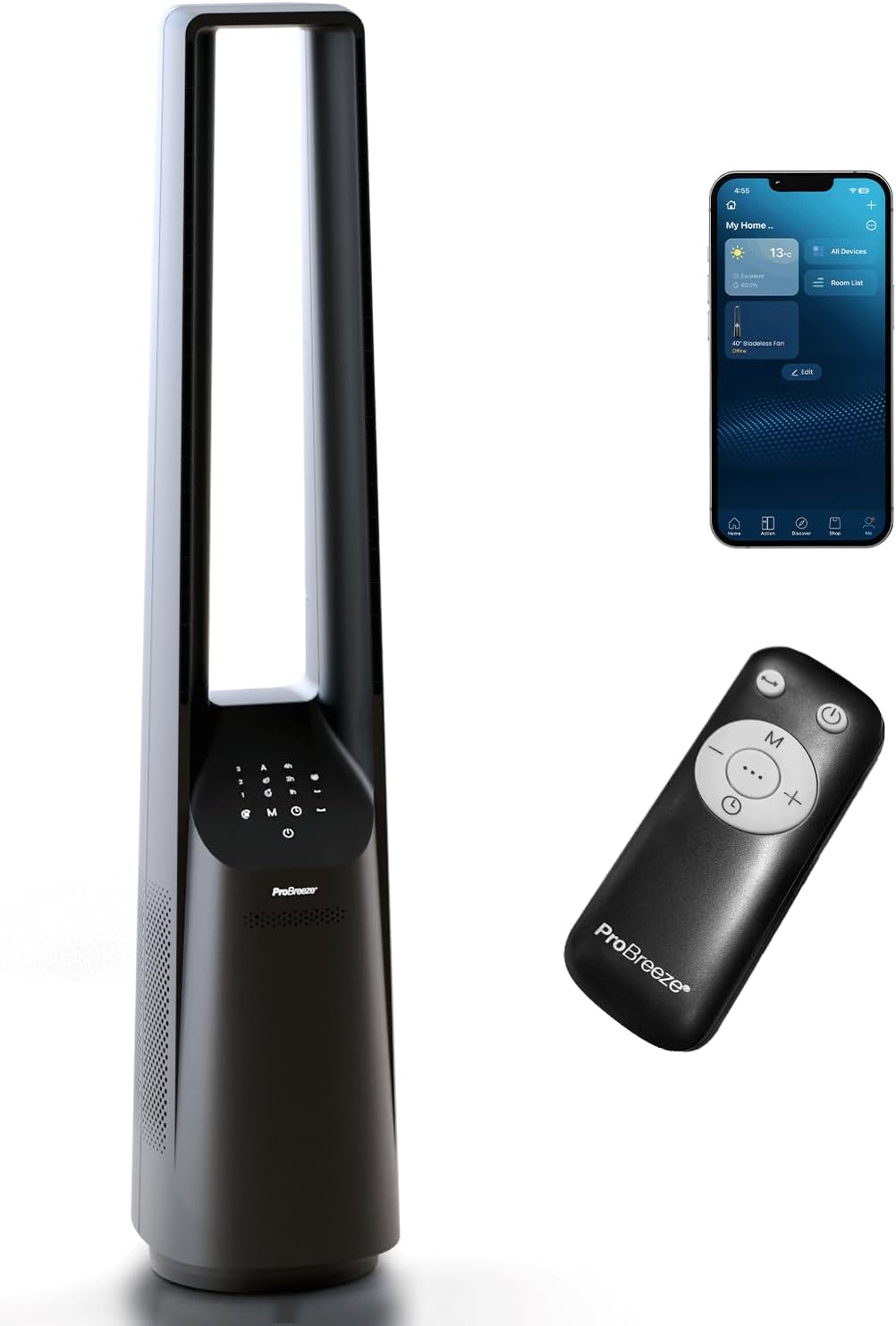 jardinite - Ventilateur colonne sans pales - 101 cm - WiFi, ultra silencieux, LED, télécommande, 6 vitesses, 5 modes, o