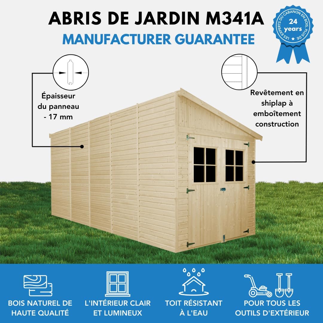 Abri de Jardin en Bois Naturel (avec paroi latérale) Plus Les PLANCHERS IMPRÉGNÉ- Stockage extérieur avec fenêtres- H244x218x514 cm/10 m2- Atelier Rangement Outils et vélos- jardinite M341A+M341G