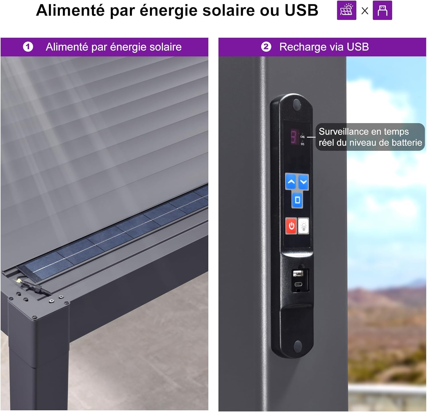 jardinite - Pergola bioclimatique - 3,5x8,5m - aluminium, lames LED, étanche