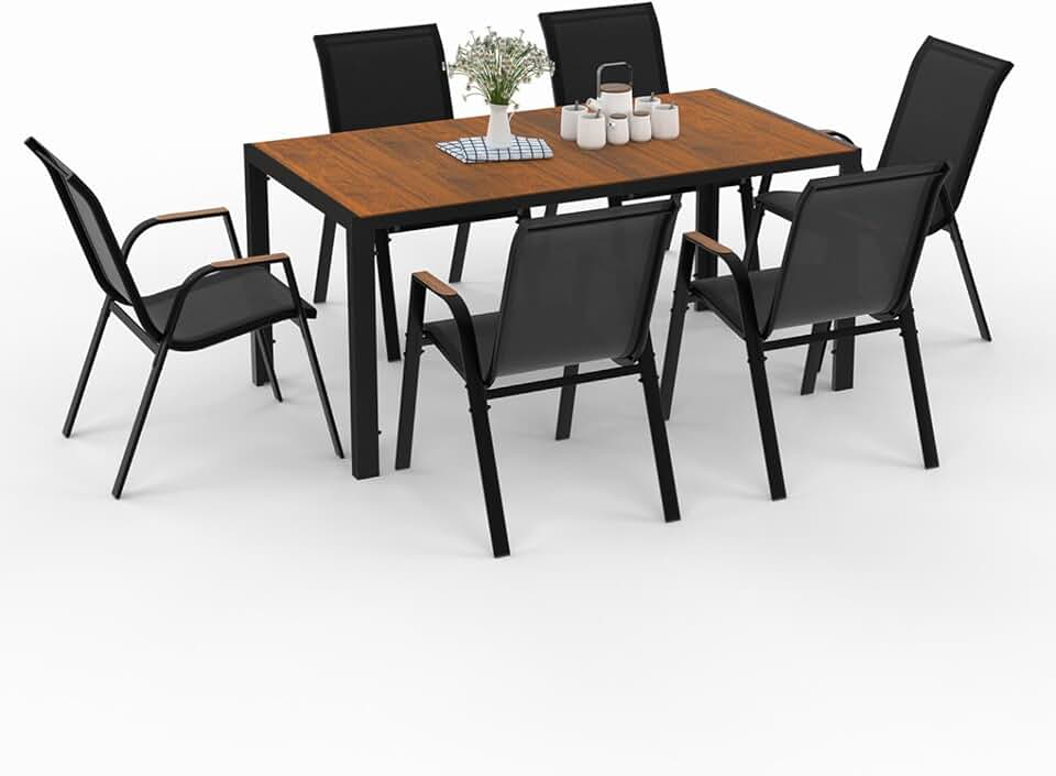 jardinite - Salon de jardin NOUMEA - 150 cm - plateau verre/bois, 6 chaises